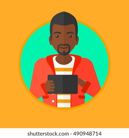 An african-american man using a tablet computer. Businessman working with a digital tablet. Businessman holding digital tablet. Vector flat design illustration in the circle isolated on background.