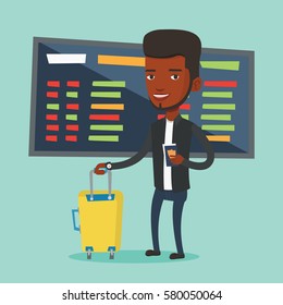 African-american man waiting for a flight at the airport. Passenger holding passport and airplane ticket. Man with suitcase standing at the airport. Vector flat design illustration. Square layout.