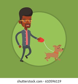 African-american man walking with his small dog. Young man with his dog. Happy man taking dog on walk. Man walking a dog on leash. Vector flat design illustration in the circle isolated on background.