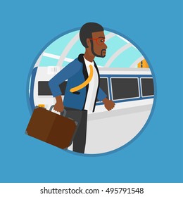 An african-american man walking on the train platform on the background of train arriving at the station. Man going out of train. Vector flat design illustration in the circle isolated on background.