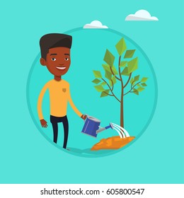 African-american man watering tree. Male gardener with watering can. Young man gardening. Concept of environmental protection. Vector flat design illustration in the circle isolated on background.