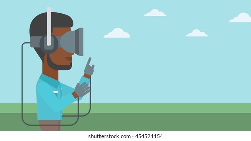 An african-american man wearing a virtual reality headset. Man playing video games outdoor. Man wearing gamer gloves. Vector flat design illustration. Horizontal layout.