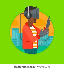 An african-american man wearing virtual reality headset. Man playing video games on a city background. Man wearing gamer gloves. Vector flat design illustration in the circle isolated on background.