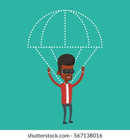 African-american man wearing virtual reality glasses and flying with parachute. Excited man in vr headset having fun while flying in virtual reality. Vector flat design illustration. Square layout.