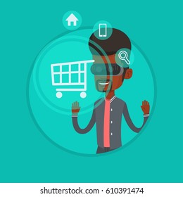 African-american man wearing virtual reality headset and looking at shopping cart. Virtual reality and shopping online concept. Vector flat design illustration in the circle isolated on background.