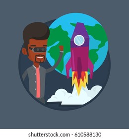 African-american man wearing virtual reality glasses and playing video game. Man in virtual reality headset flying in open space. Vector flat design illustration in the circle isolated on background.