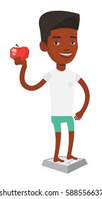 African-american man weighing after diet. Man satisfied with the result of his diet. Man on a diet. Dieting and healthy lifestyle concept. Vector flat design illustration isolated on white background.