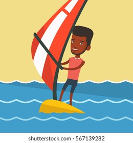 African-american man windsurfing in a summer day. Windsurfer standing on the board with sail and learning to windsurf. Windsurfer training on the water. Vector flat design illustration. Square layout.