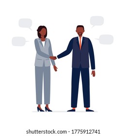 An African-American man and woman are shaking hands. Two politicians in official suits have a business meeting. Flat vector illustration.