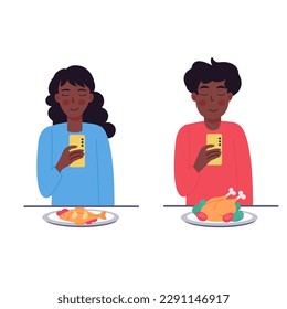 African-American man and woman taking photos of food