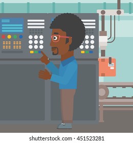 An african-american man working on control panel. Man pressing button at control panel in plant. Engineer standing in front of the control panel. Vector flat design illustration. Square layout.