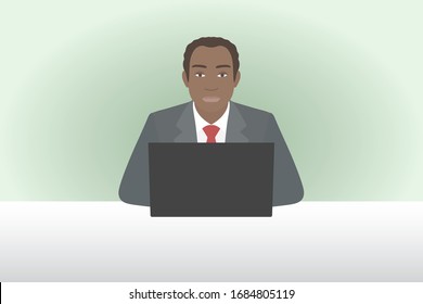 African-American man working on laptop. Vector illustration.