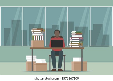 African-American manager preparing report. Lot of paper work. Vector.