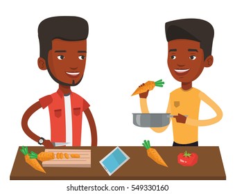 African-american men cooking healthy vegetable meal. Men having fun while cooking together healthy meal. Men preparing vegetable meal. Vector flat design illustration isolated on white background.