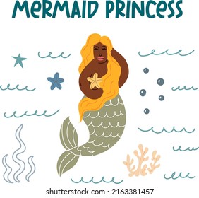 The African-American mermaid and marine life. Mermaid princess.Vector cartoon illustration