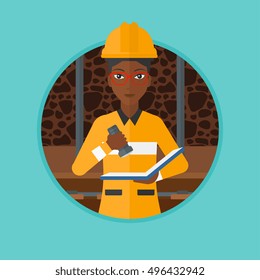 An african-american miner checking documents with the flashlight. Mine worker in hard hat. Miner in the coal mine. Vector flat design illustration in the circle isolated on background.