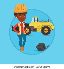 African-american miner in hard hat standing on the background of excavator. Confident miner with crossed arms standing near coal. Vector flat design illustration in the circle isolated on background.