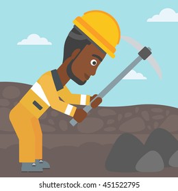 An african-american miner working with a pickaxe. Mine worker in hard hat. Miner at the coal mine. Vector flat design illustration. Square layout.