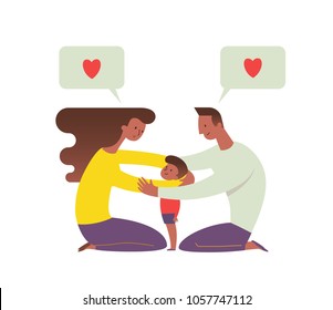 African-American mom and dad embracing their child and talking to him. Concept of loving family and happy parenting. Flat cartoon characters isolated on white background. Vector illustration.