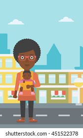 An african-american mother carrying son in sling. Mother with baby in sling walking in the city street. Young mother carrying a newborn in sling. Vector flat design illustration. Vertical layout.