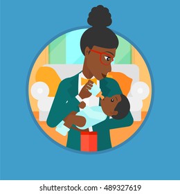 An african-american mother feeding baby boy with a milk bottle. Mother feeding newborn baby at home. Baby boy drinking milk. Vector flat design illustration in the circle isolated on background.