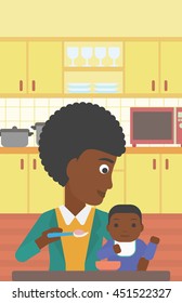 An african-american mother feeding baby at home. Young mother teaching baby to eat with spoon. Mother spoon-feeding her baby at kitchen. Vector flat design illustration. Vertical layout.