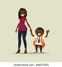 African-American mother with her child schoolboy. Vector illustration of a flat design