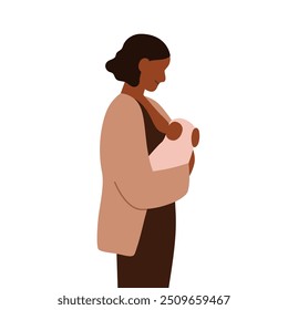 African-American mother holding newborn baby in arms. Black woman, happy mom carrying infant in hands. Maternity, motherhood care concept. Flat vector illustration isolated on white background