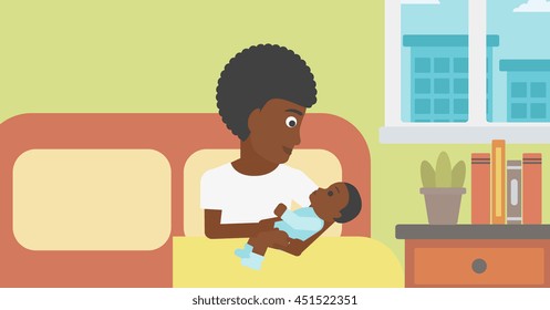 An african-american mother holding newborn in maternity ward. Mother nursing baby. Mother and infant resting at hospital. Happy mother with newborn. Vector flat design illustration. Horizontal layout.