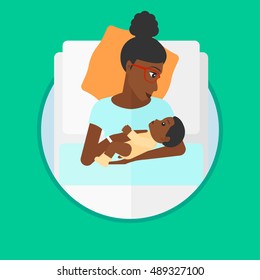 An African-american Mother Holding Newborn In Maternity Ward. Mother Nursing Baby. Happy Mother And Infant Resting At Hospital. Vector Flat Design Illustration In The Circle Isolated On Background.