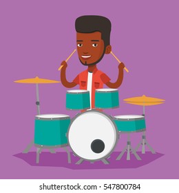 An african-american mucisian playing on drums. Man playing on drums. Smiling young man playing on drum kit. Happy man sitting behind the drum kit. Vector flat design illustration. Square layout.