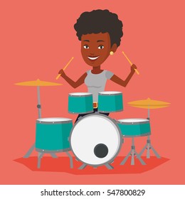 An african-american mucisian playing on drums. Woman playing on drums. Smiling young woman playing on drum kit. Happy woman sitting behind the drum kit. Vector flat design illustration. Square layout.