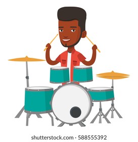 African-american mucisian playing on drums. Young smiling man playing on drums. Happy drummer sitting behind the drum kit. Vector flat design illustration isolated on white background.