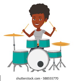 African-american mucisian playing on drums. Young smiling woman playing on drums. Happy female drummer sitting behind the drum kit. Vector flat design illustration isolated on white background.