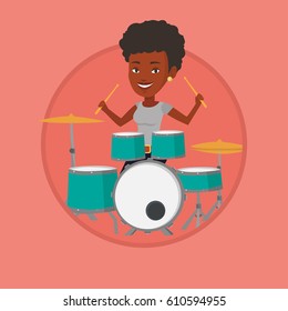 African-american mucisian playing on drums. Woman playing on drums. Woman playing on drum kit. Woman sitting behind the drum kit. Vector flat design illustration in the circle isolated on background.