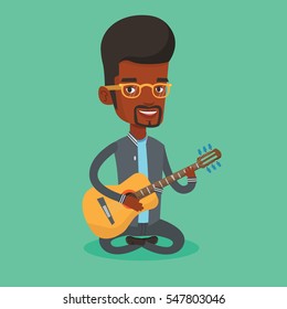 An african-american musician playing an acoustic guitar. Musician sitting with guitar in hands. Young male guitarist practicing in playing guitar. Vector flat design illustration. Square layout.