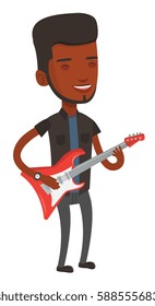 African-american musician playing electric guitar. Man practicing in playing guitar. Guitarist with eyes closed playing music on guitar. Vector flat design illustration isolated on white background.