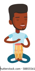 African-american musician playing ethnic drum. Young man with his eyes closed playing ethnic drum. Man playing ethnic music on tom-tom. Vector flat design illustration isolated on white background.