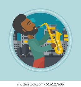 An african-american musician playing on saxophone. Man playing on saxophone in the night. Man with saxophone in the city street. Vector flat design illustration in the circle isolated on background.