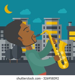 An african-american musician playing saxophone in the streets at night vector flat design illustration. Square layout.