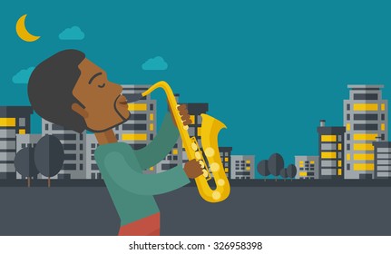 An african-american musician playing saxophone in the streets at night vector flat design illustration. Horizontal layout with a text space.