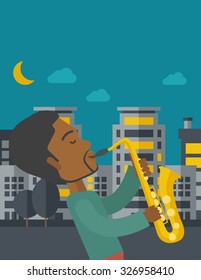 An african-american musician playing saxophone in the streets at night vector flat design illustration. Vertical layout with a text space.