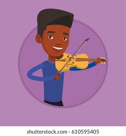 African-american musician standing with violin. Young smiling musician playing violin. Cheerful violinist playing music on violin. Vector flat design illustration in the circle isolated on background.