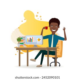 African-American office employee having coffee break. Businessman with OK gesture and coffee cup sitting at desk in office. Vector illustration. Lunch, coffee break concept for banner, website design