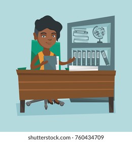 African-american office worker working with documents. Young female office worker sitting at the table with documents. Office worker inspecting documents. Vector cartoon illustration. Square layout.