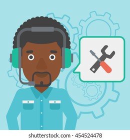 An african-american operator of technical support wearing headphone set. Technical support operator and speech square with screwdriver and wrench. Vector flat design illustration. Square layout.