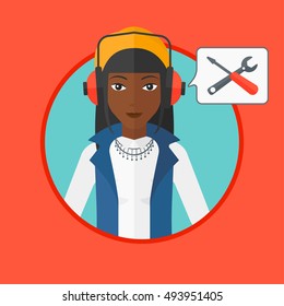 Operador afroamericano de apoyo técnico usando auriculares. Operador y cuadrado de voz con destornillador y llave. Ilustración de diseño plana vectorial en el círculo aislado en el fondo.
