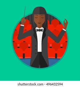 African-american Orchestra Conductor Directing With Baton. Young Woman Conducting An Orchestra On The Background Of Concert Hall. Vector Flat Design Illustration In The Circle Isolated On Background.