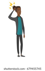 African-american pensive businessman with lightning over his head. Young thoughtful businessman standing under the lightning. Vector flat design illustration isolated on white background.
