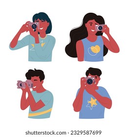 African-American people with a photo camera. A woman and a man take a photo. World Photography Day